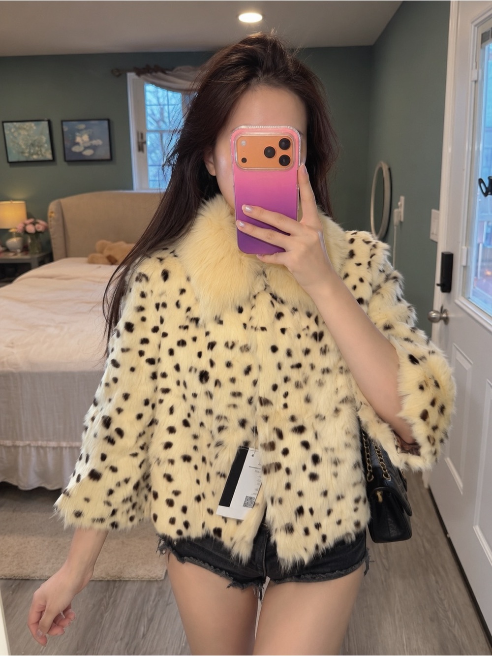 Vintage Leopard Rabbit Fur Jacket Fox Fur Collar Y2K S